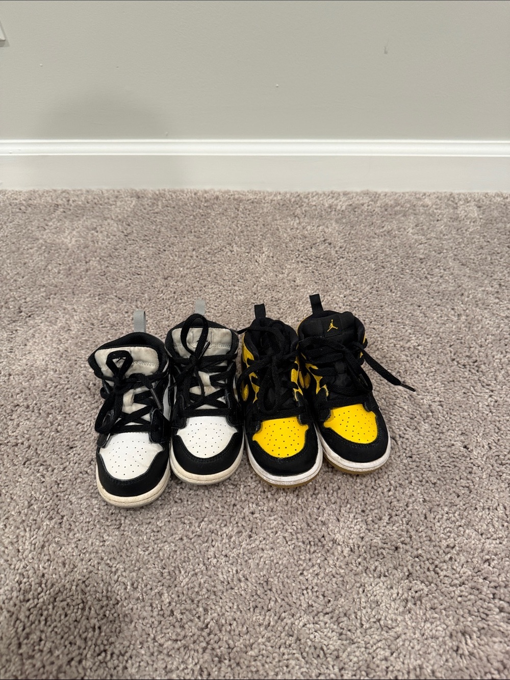 Jordan Kids High-Top Sneakers in White/Black, Yellow/Black, and Red/Black